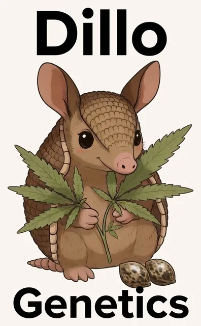 Dillo Genetics logo: a cartoon armadillo holding cannabis leaves